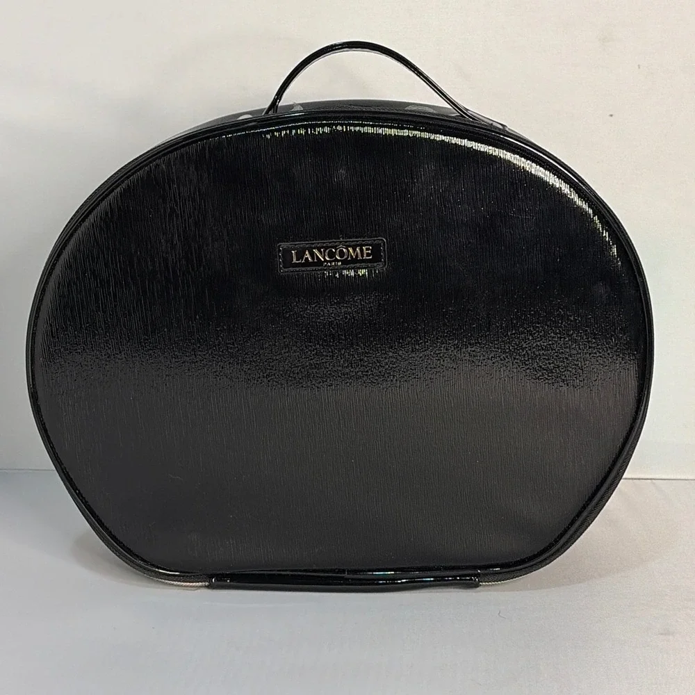 Lancome Paris Black Patent Train Case Cosmetic Vanity Bag Gold Tone Hardware